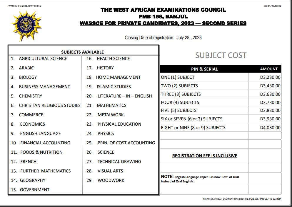 WASSCE FOR PRIVATE CANDIDATES Fee List,  2023