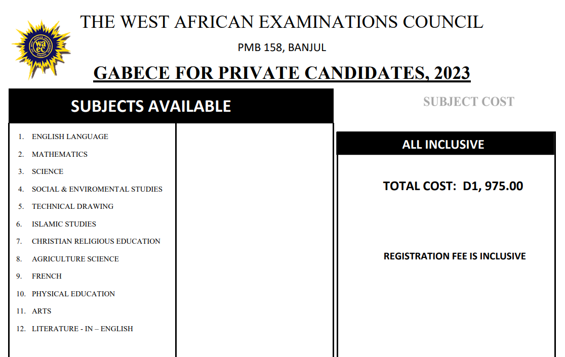 GABECE FOR PRIVATE CANDIDATES Fee List,  2023
